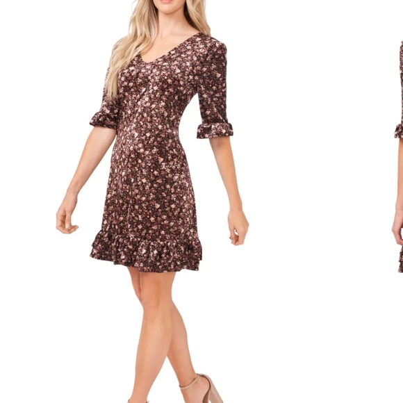 Cece Floral V-Neck Velvet Dress - Picture 1 of 9